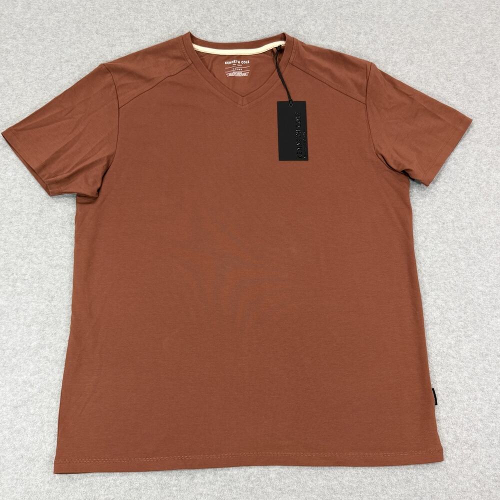 Kenneth Cole Mens V-Neck T-Shirt Large L Brown Sequoia Short Sleeve Stretch NWT - Picture 2 of 10